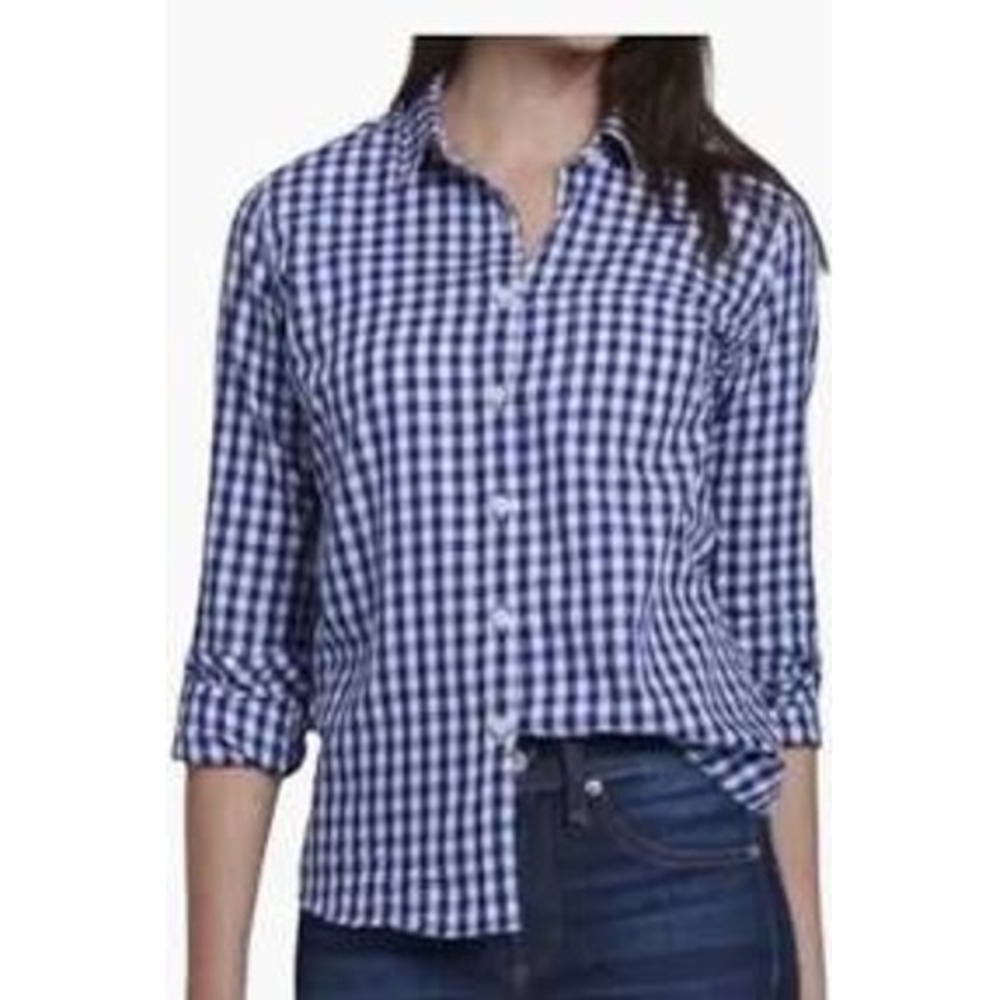 UNTUCKit Belleza Womens Navy White Gingham Button Down Shirt Size 4 Regular NEW